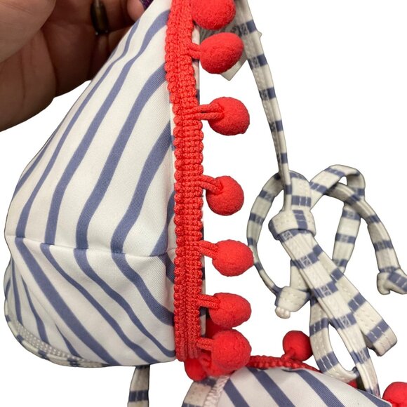 Coco Ship 10 High Waisted String Bikini Swimsuit Gray White Striped Pink Pom Pom - Picture 9 of 15